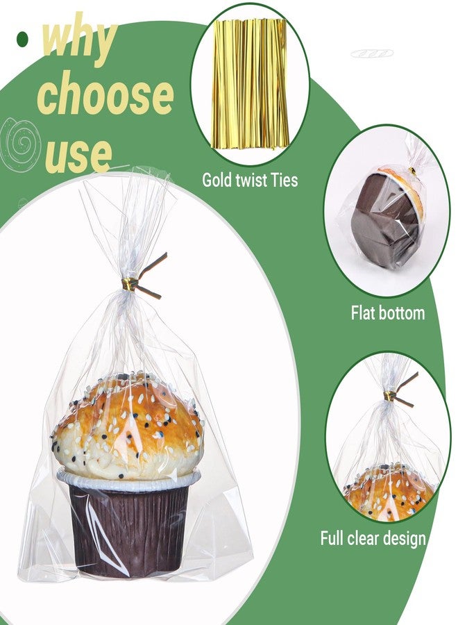 SLShePack 200 Pack 6"x7"x2.4" Cellophane Muffin Bags with Gold Twist Ties Pro Grade Flat Bottom Design for Macarons Cupcakes Chocolate Treats Cookies Strawberries Reusable Resealable Bakery Packaging - Image 2